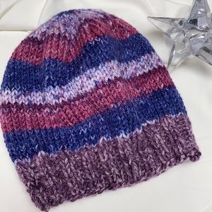 NEW Kids hat purple blue stripes handknit soft